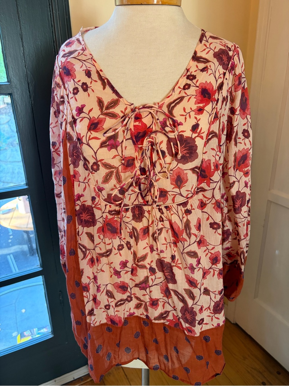 Anthropologie Floral Lace-Up Boho Blouse in Pink & Rust